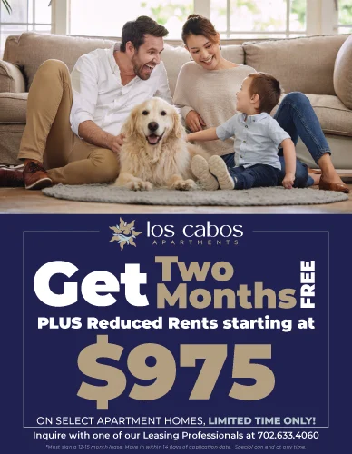 A family with a dog sitting on a carpet, promoting an apartment offer for Los Cabos Apartments, highlighting two months free rent and reduced rents starting at $975.