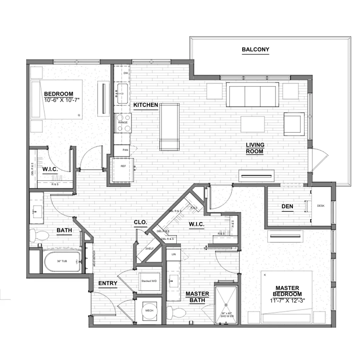 A detailed architectural floor plan layout of an apartment featuring a master bedroom, two additional bedrooms, a living room, kitchen, den, and balcony. Each room is labeled with dimensions and specific features such as walk-in closets and bathrooms.
