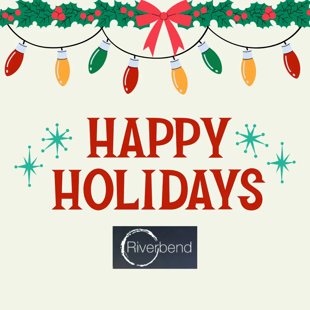 A festive holiday greeting card featuring a garland of green leaves and red bows with colorful lights. The text 'HAPPY HOLIDAYS' is prominently displayed, along with a logo that says 'Riverbend' at the bottom.