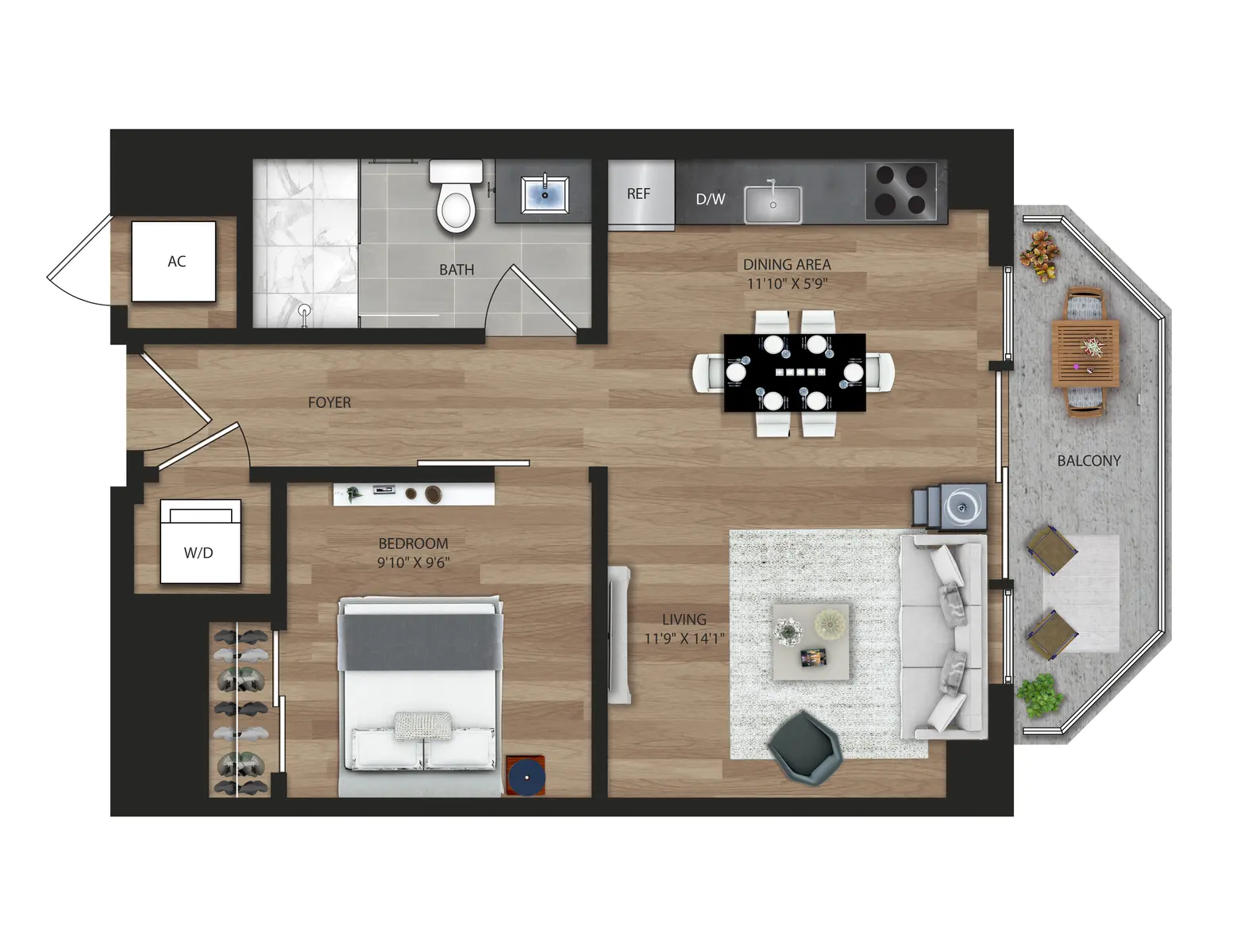 Floor plan of a one-bedroom apartment layout showing the arrangement of rooms including a foyer, bathroom, bedroom, living area, dining area, and balcony.