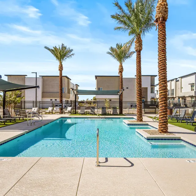 A serene swimming pool surrounded by palm trees and lounge chairs, with modern apartment buildings in the background.
