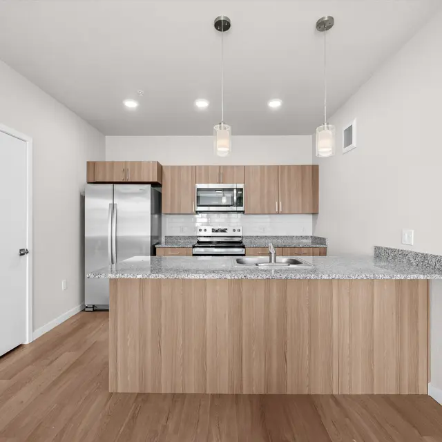 A modern kitchen featuring light wood cabinetry, stainless steel appliances, and a granite countertop island. The kitchen has a sleek, minimalist design with light-colored walls and pendant lighting.