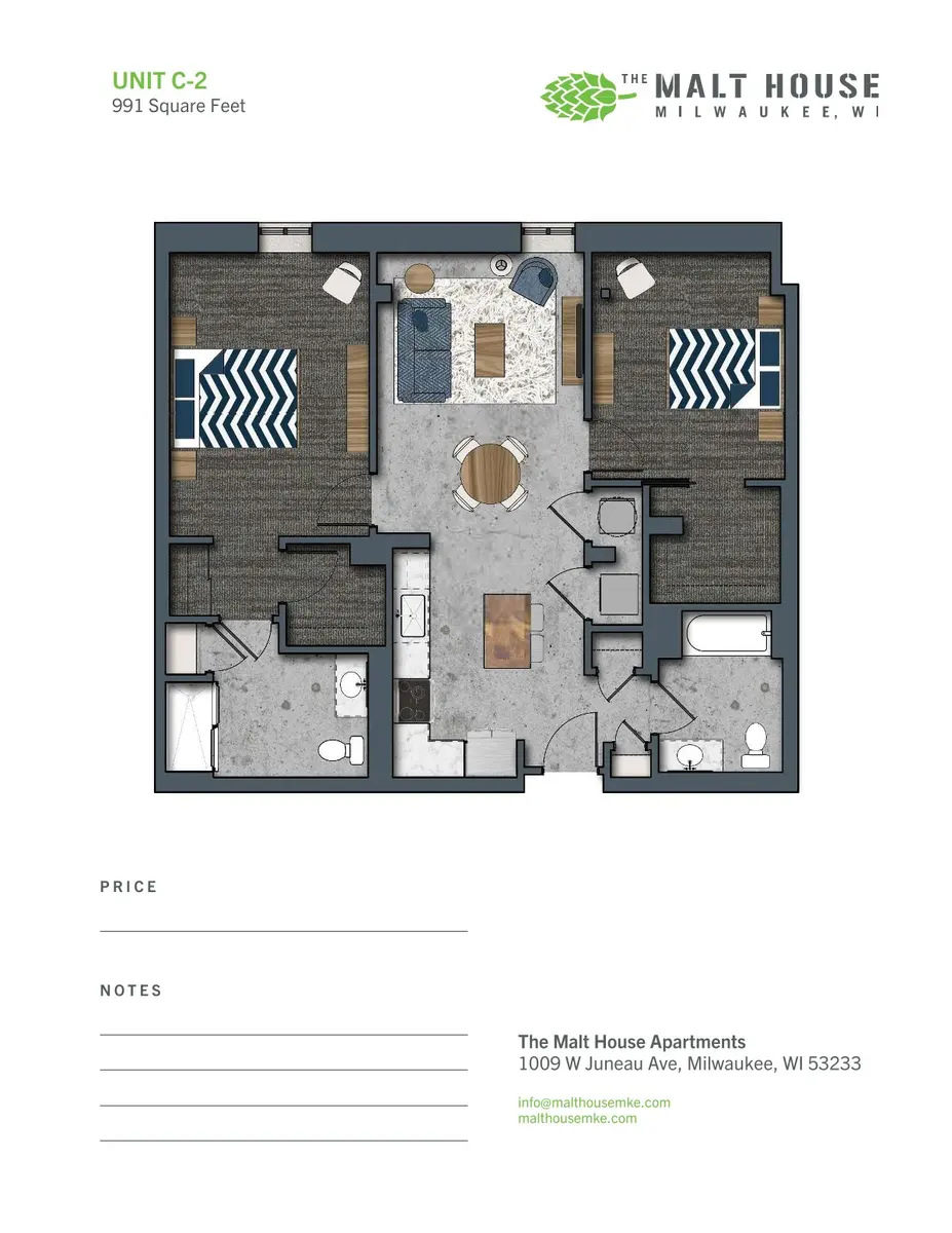 Floor plan of unit C-2 at The Malt House Apartments in Milwaukee, WI, showing layout with living area, kitchen, two bedrooms, and bathroom.