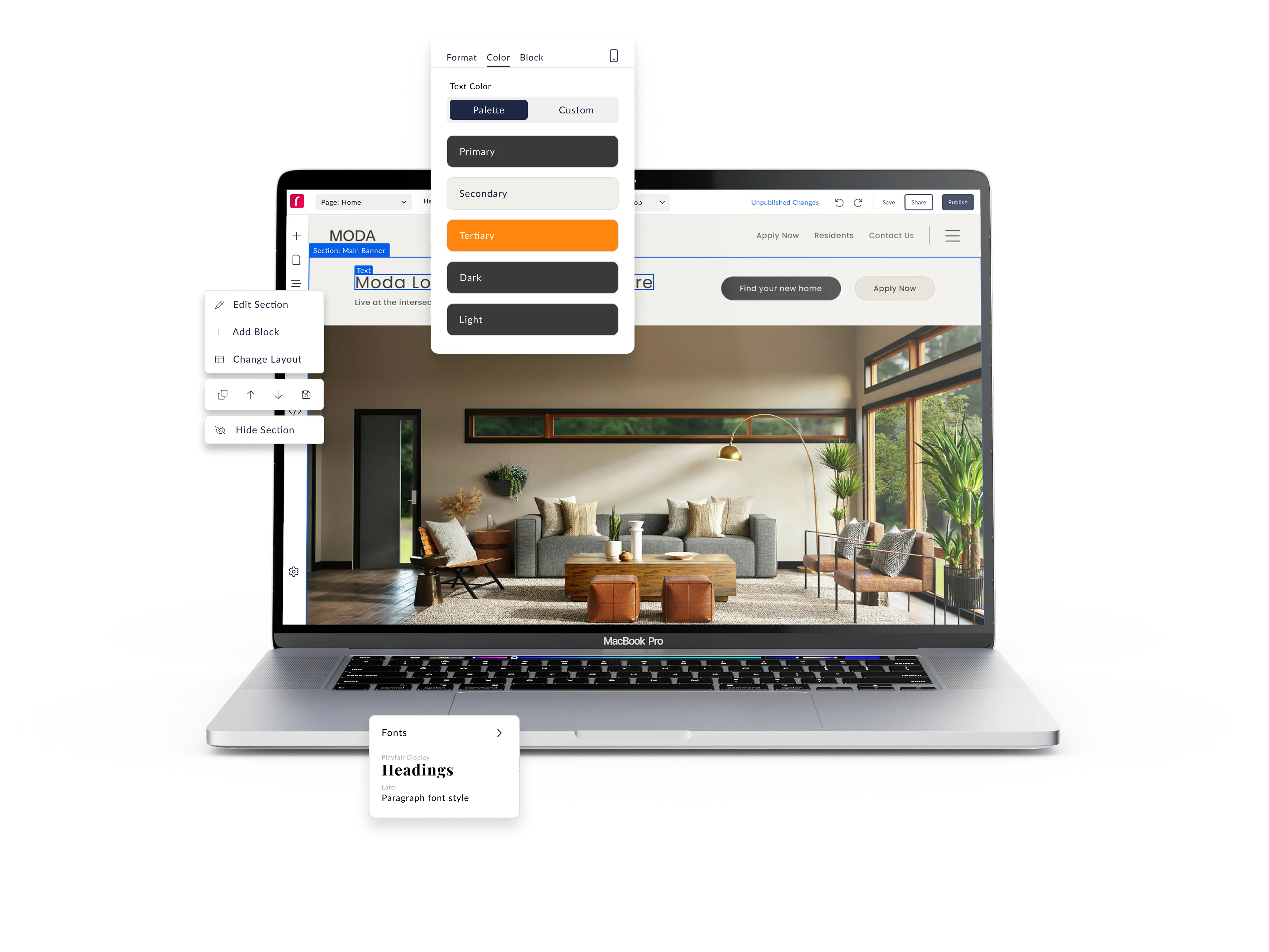 A laptop displaying a web design interface with a modern living room layout in the background. The screen shows various customization options for fonts and colors.