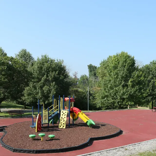 A playground with colorful equipment and slide on a sunny day, surrounded by trees and grassy areas.