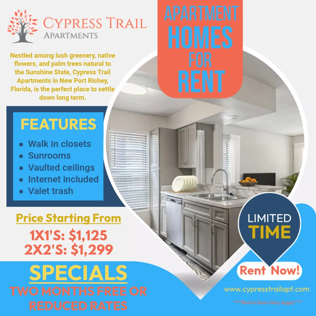 Advertisement for Cypress Trail Apartments featuring rental homes with kitchen and living areas.