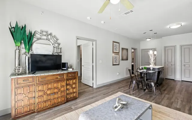 Modern living room with a wooden console, TV, decorative plants, and a dining area featuring sleek chairs and a table.