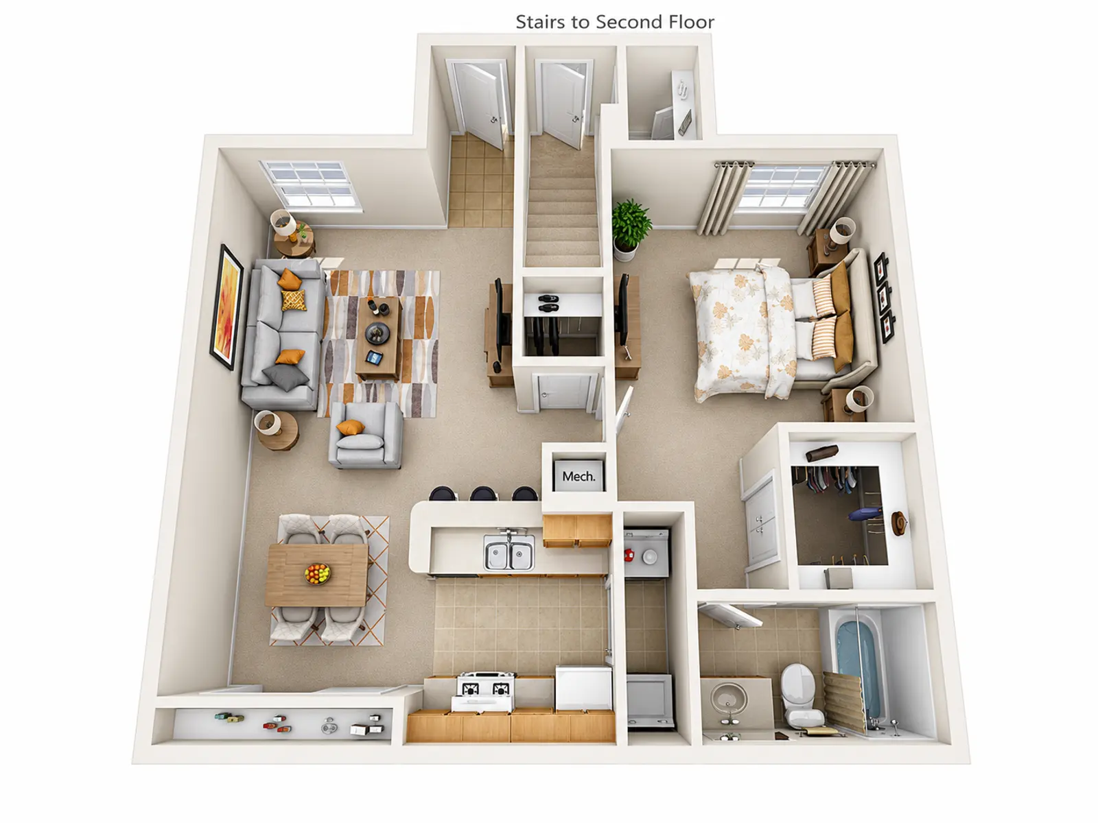 Modern Apartment Floor Plan A top-down view of an apartment floor plan featuring a living room, dining area, kitchen, bathroom, bedroom, and stairs to the second floor.