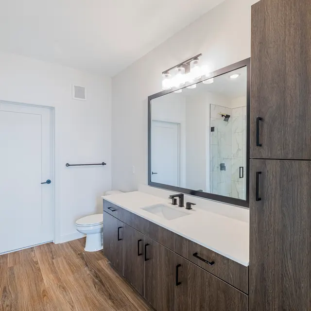 Modern Bathroom Interior A modern bathroom featuring a large mirror above a double sink vanity with dark wooden cabinets. A toilet is positioned to the left with a white door in the background, and wall-mounted towel rack. The floor is wooden, adding a warm contrast to the light-colored walls.