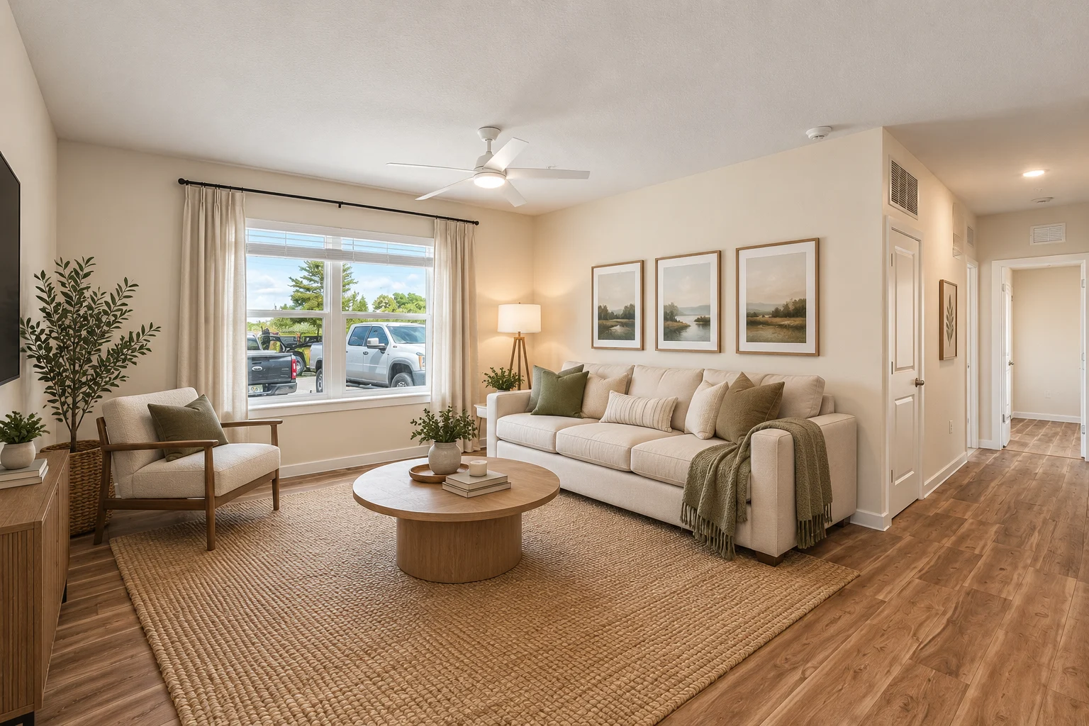 A modern living room featuring a beige sofa with decorative cushions, a round coffee table, and warm wooden flooring. The room has a large window with light curtains and framed artwork on the wall, along with a plant and a lamp for decoration.