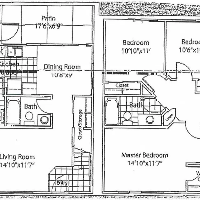 Two-Story House Floor Plan A floor plan layout of a house, featuring rooms such as the living room, dining room, kitchen, and bedrooms. The plan includes dimensions for each room and identifies a patio, storage, closets, and baths.