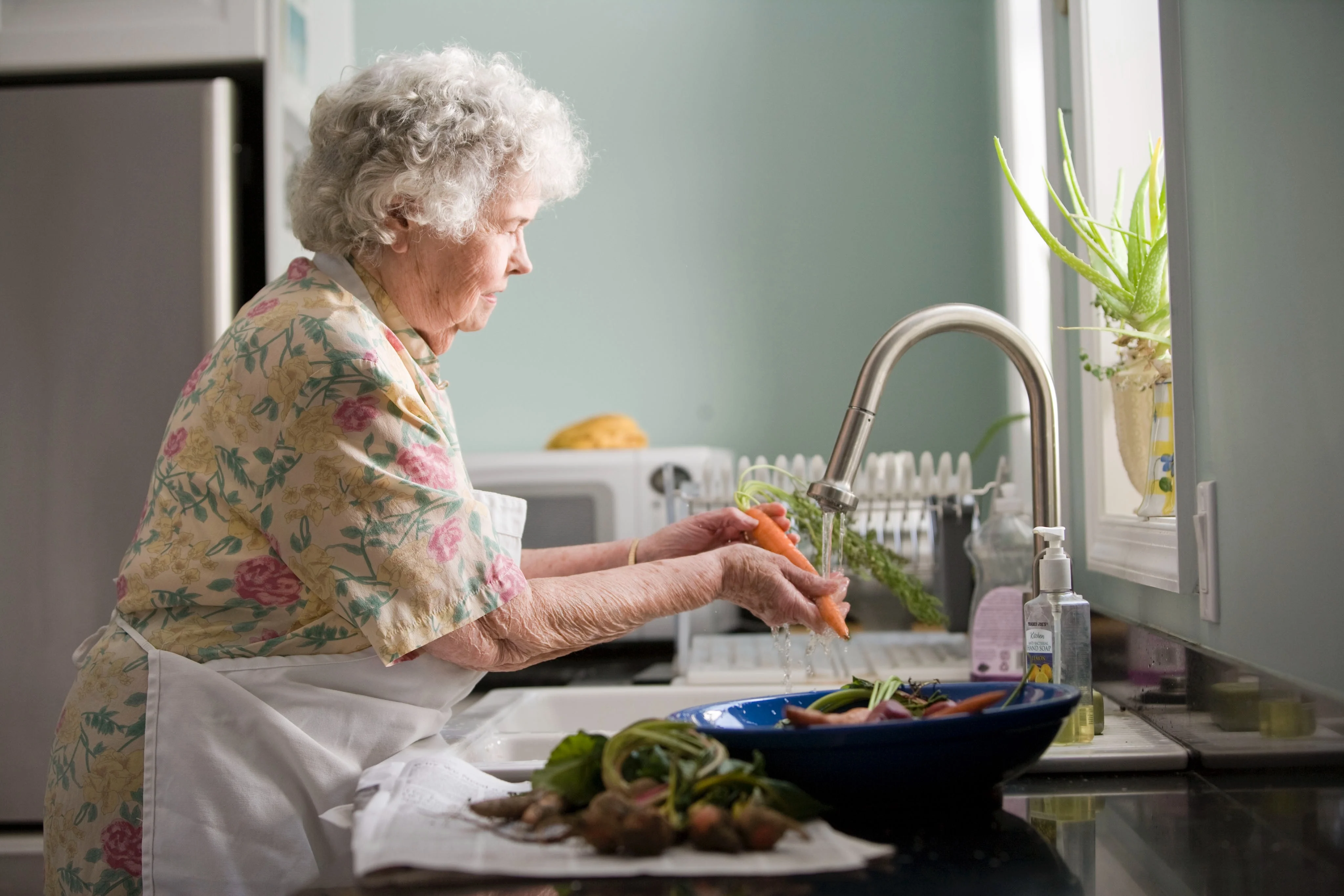 An elderly woman with curly hair in a floral dress is washing vegetables in a modern kitchen. She stands near a sink and is focused on cleaning a carrot. A bowl of vegetables sits on the counter, and there is natural light coming through a window.