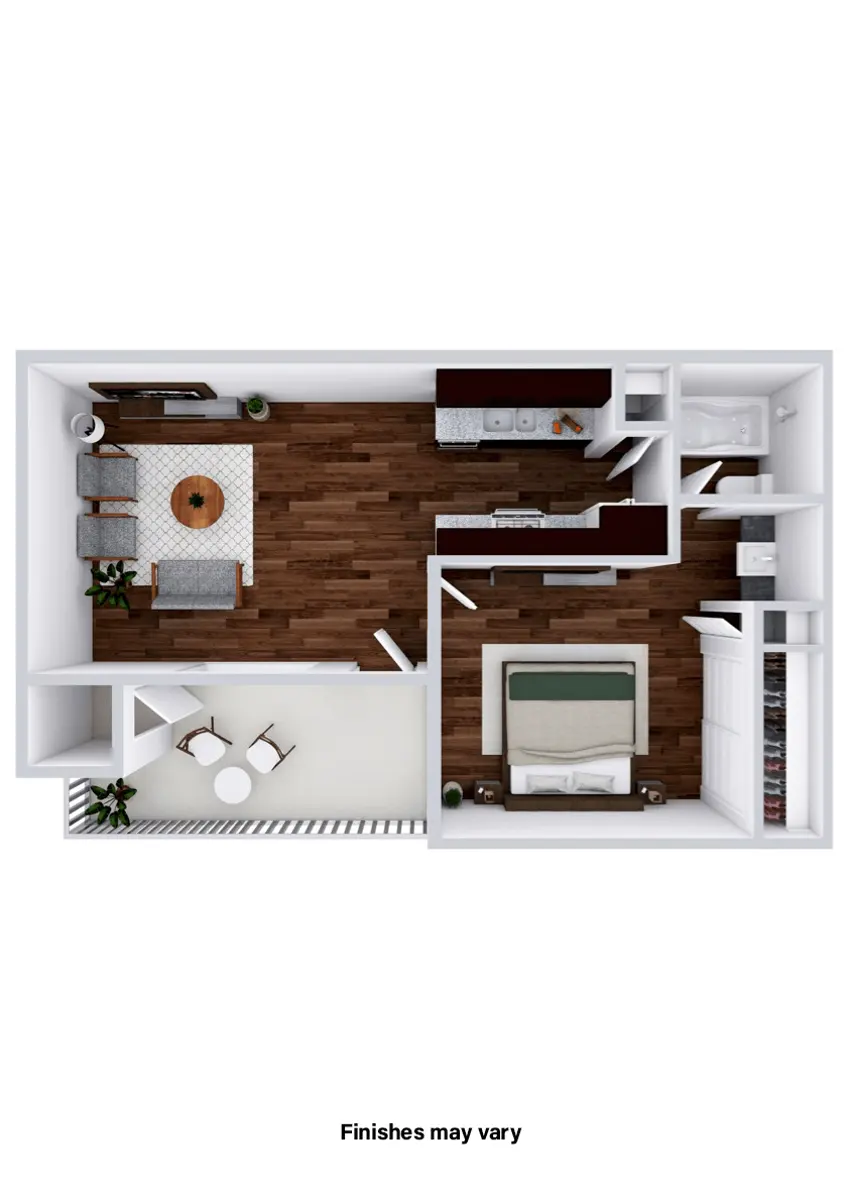 A top-down view of a modern apartment layout featuring a living area, kitchen, bedroom, and dining space. Finishes may vary.
