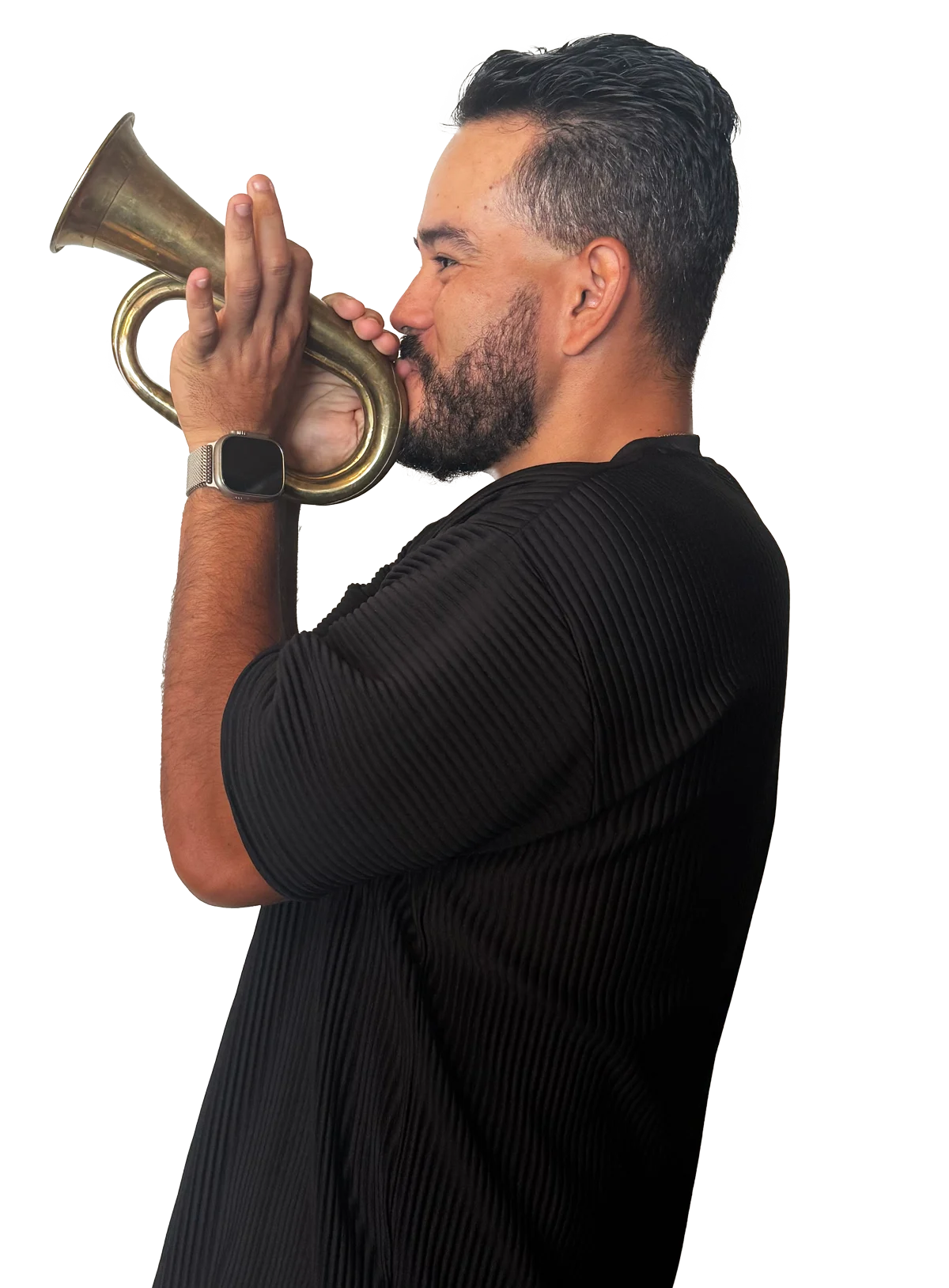 A man with a beard is playing a brass trumpet, holding it close with both hands. He is wearing a black striped shirt and is seen from a profile view, against a transparent background.
