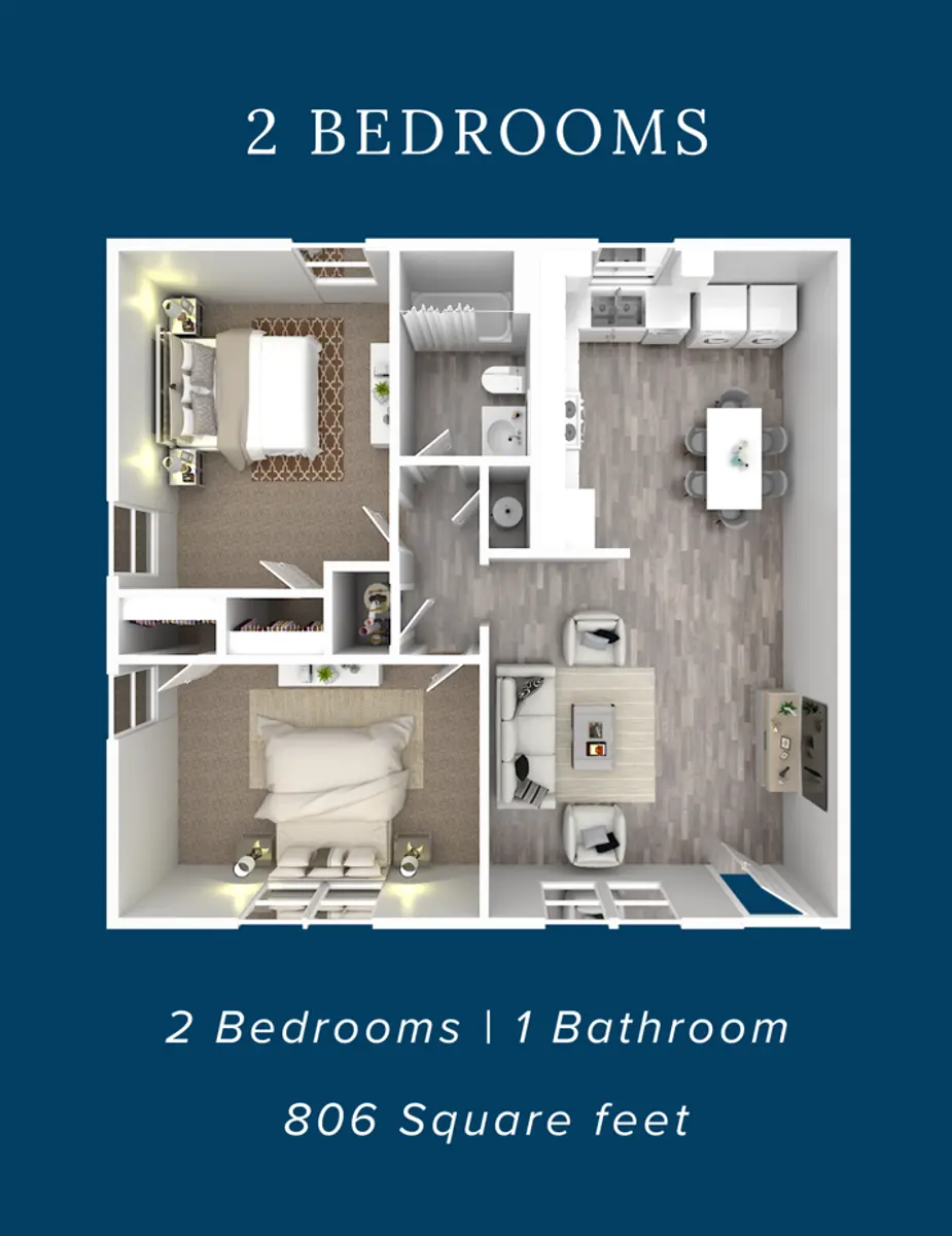 A floor plan showing a two-bedroom apartment with one bathroom and a total area of 806 square feet.