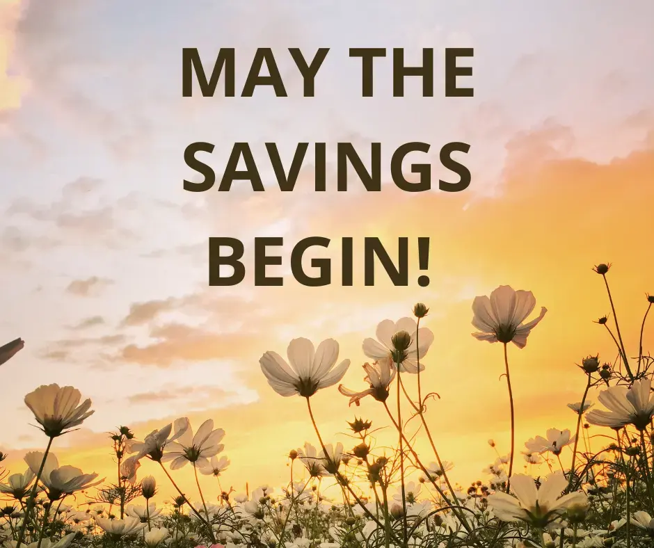 A vibrant sunset scene with flowers in the foreground and the text 'MAY THE SAVINGS BEGIN!' prominently displayed.