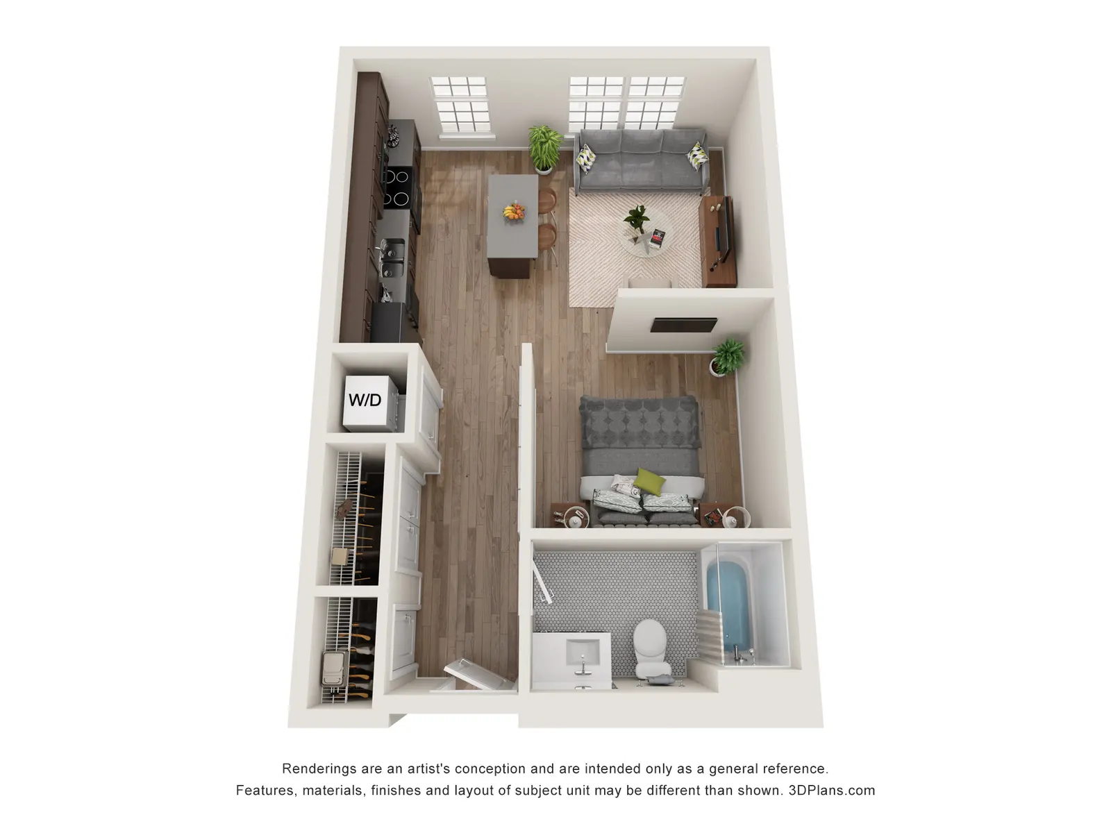 Modern Studio Apartment Floor Plan with Open Concept Design 3D floor plan of a studio apartment with kitchen, living room, bathroom, and in-unit washer and dryer.