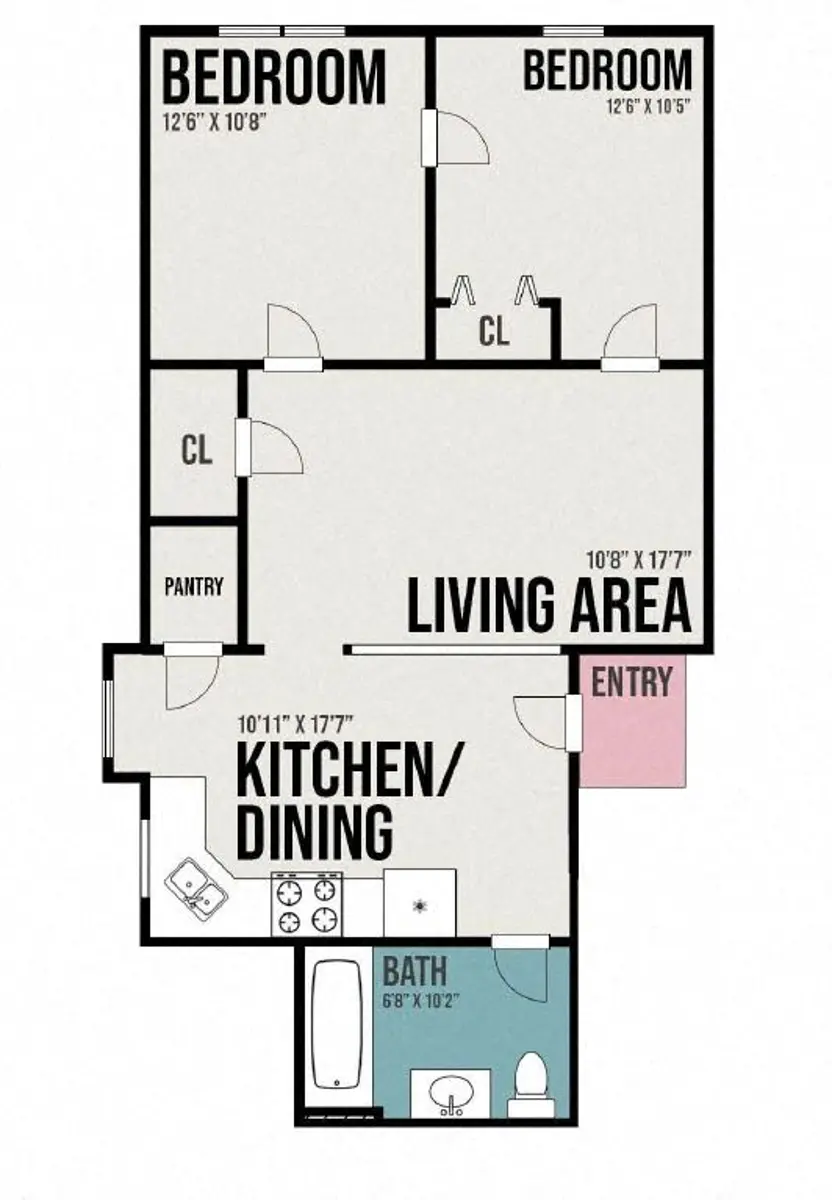 Two-Bedroom Apartment Floor Plan Floor plan of a two-bedroom apartment with labeled rooms including living area, kitchen/dining, bathroom, and entryway.