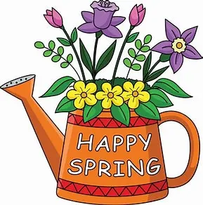 A colorful watering can decorated with flowers and the text 'Happy Spring'.