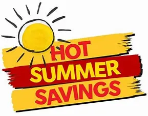 Graphic featuring the text 'Hot Summer Savings' with a sun illustration.
