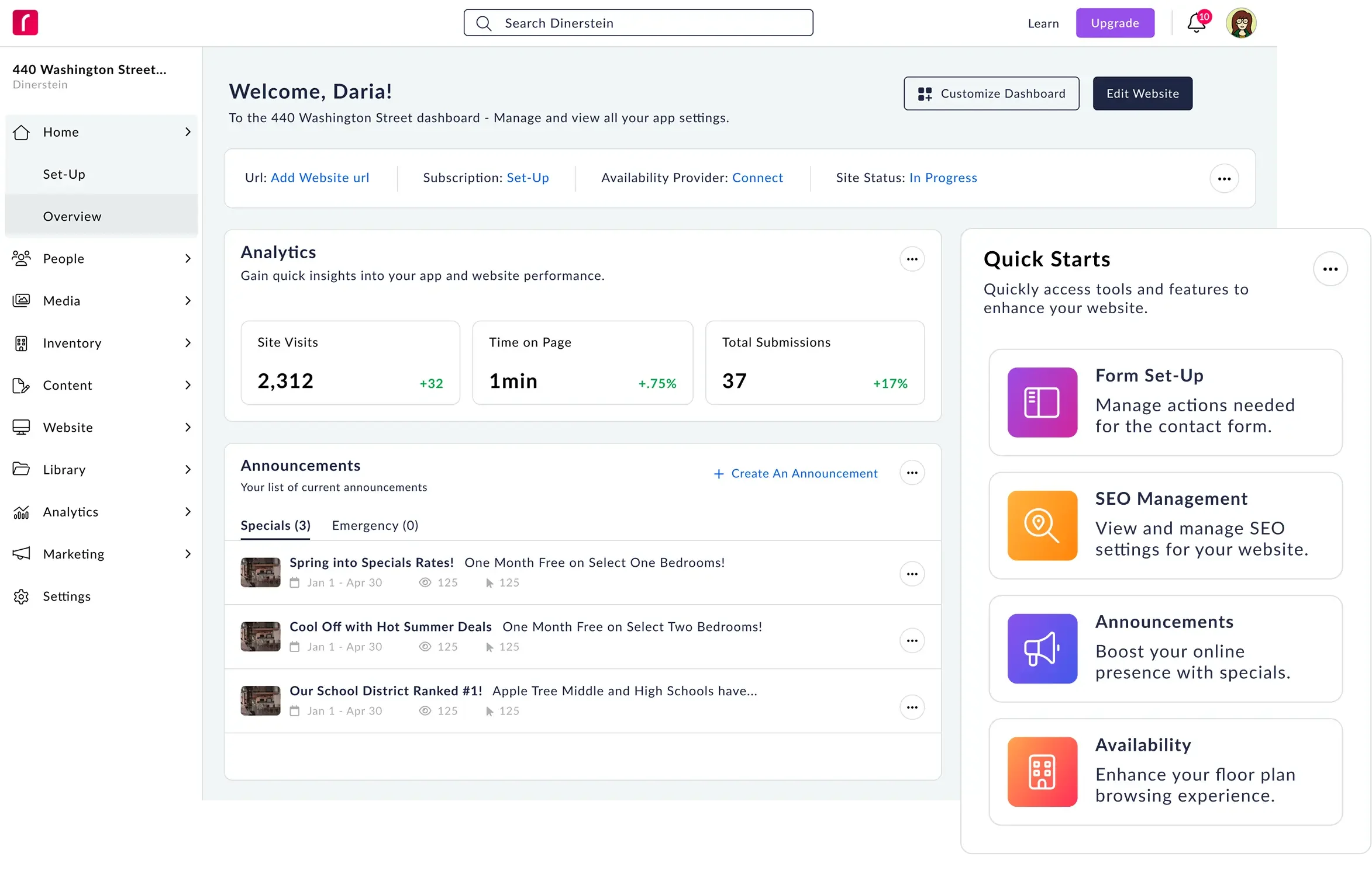A user dashboard interface showing website analytics and announcements. Features include analytic metrics like page views, time on page, total submissions, and quick starts for form setup and SEO management.