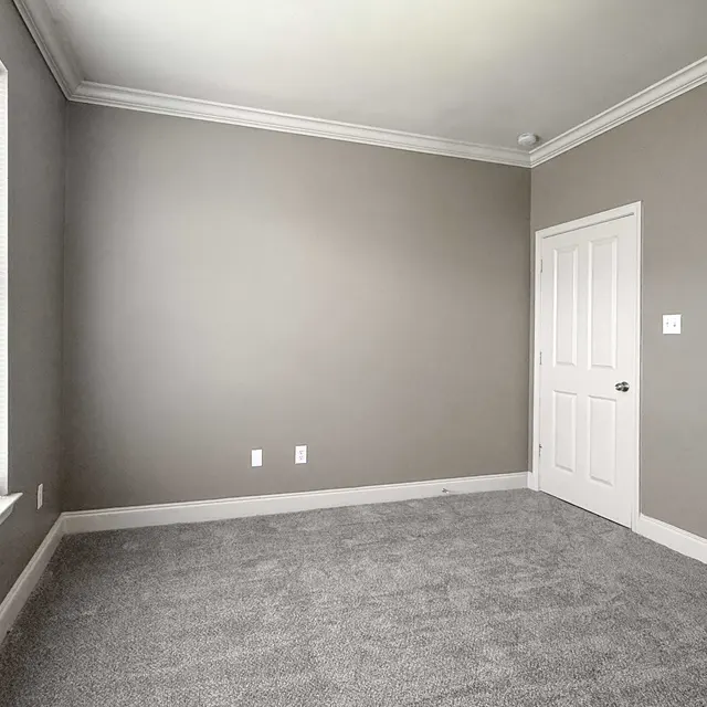 An empty room with light gray carpet and painted walls, featuring a window with blinds and a white door on the right.