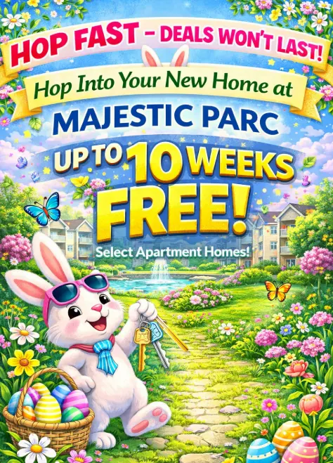 A colorful promotional poster featuring a cheerful cartoon bunny holding house keys with a scenic garden path and colorful flowers in the background. The text announces an appealing offer at Majestic Parc apartments, highlighting 'up to 10 weeks free' for select homes.