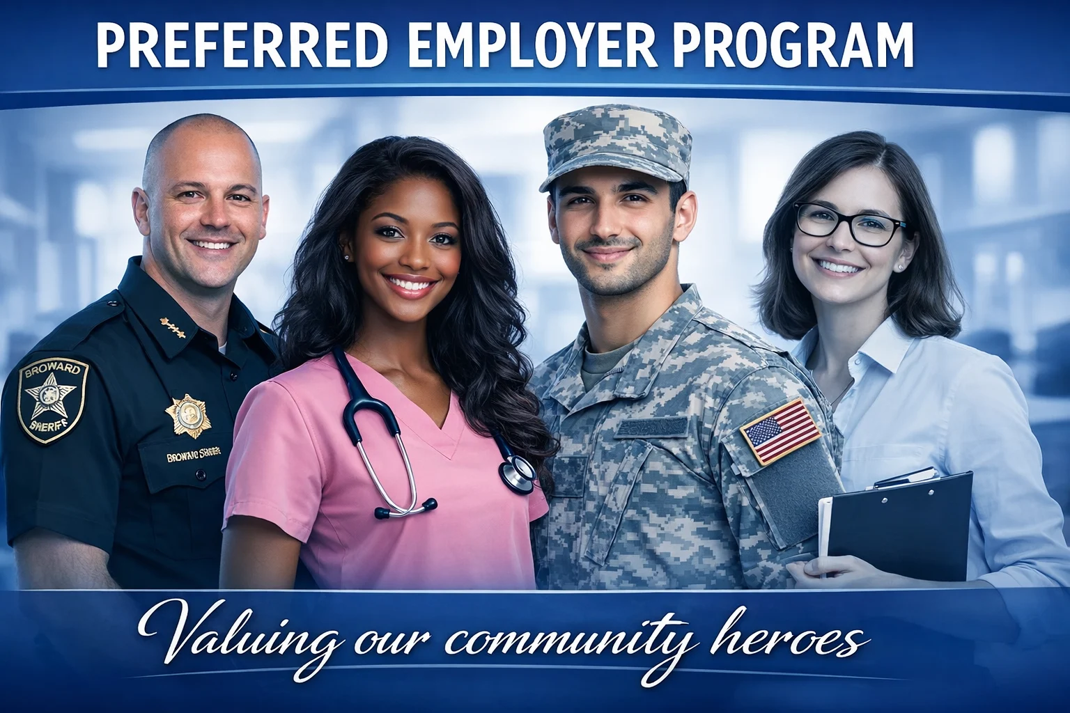 A promotional banner for a Preferred Employer Program featuring four diverse professionals including a police officer, a nurse, a military personnel, and a woman in glasses holding documents.