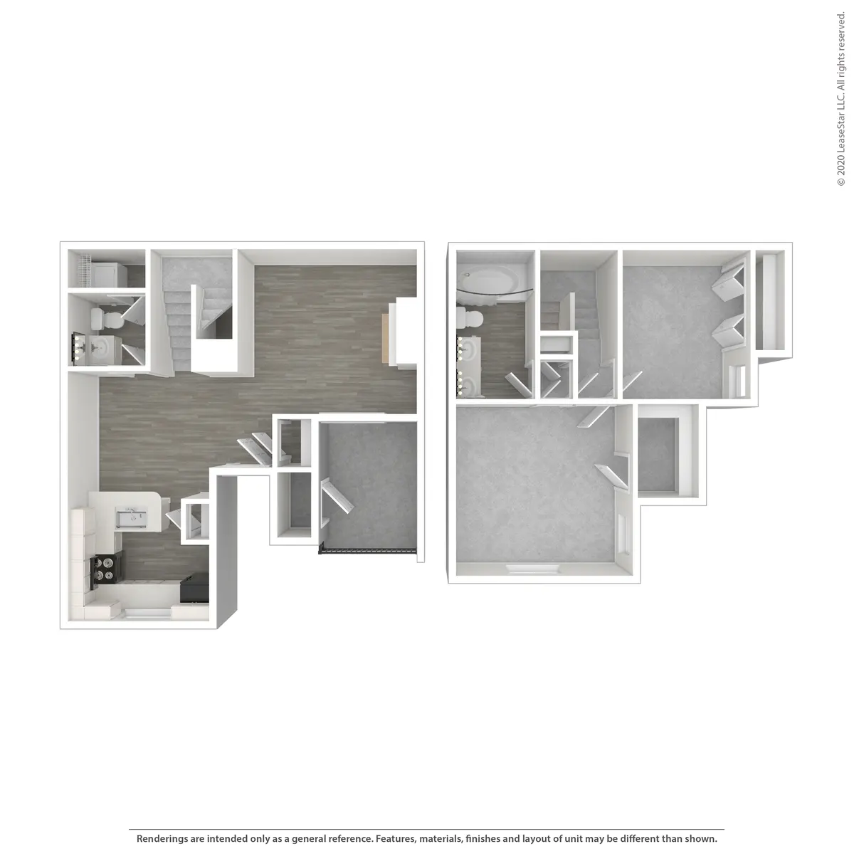 A floor plan showing a two-bedroom apartment layout with a kitchen, living area, two bathrooms, and various closets.