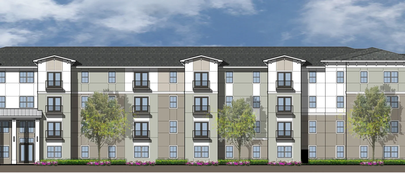 Architectural rendering of a modern apartment complex with three stories, featuring balconies and greenery.