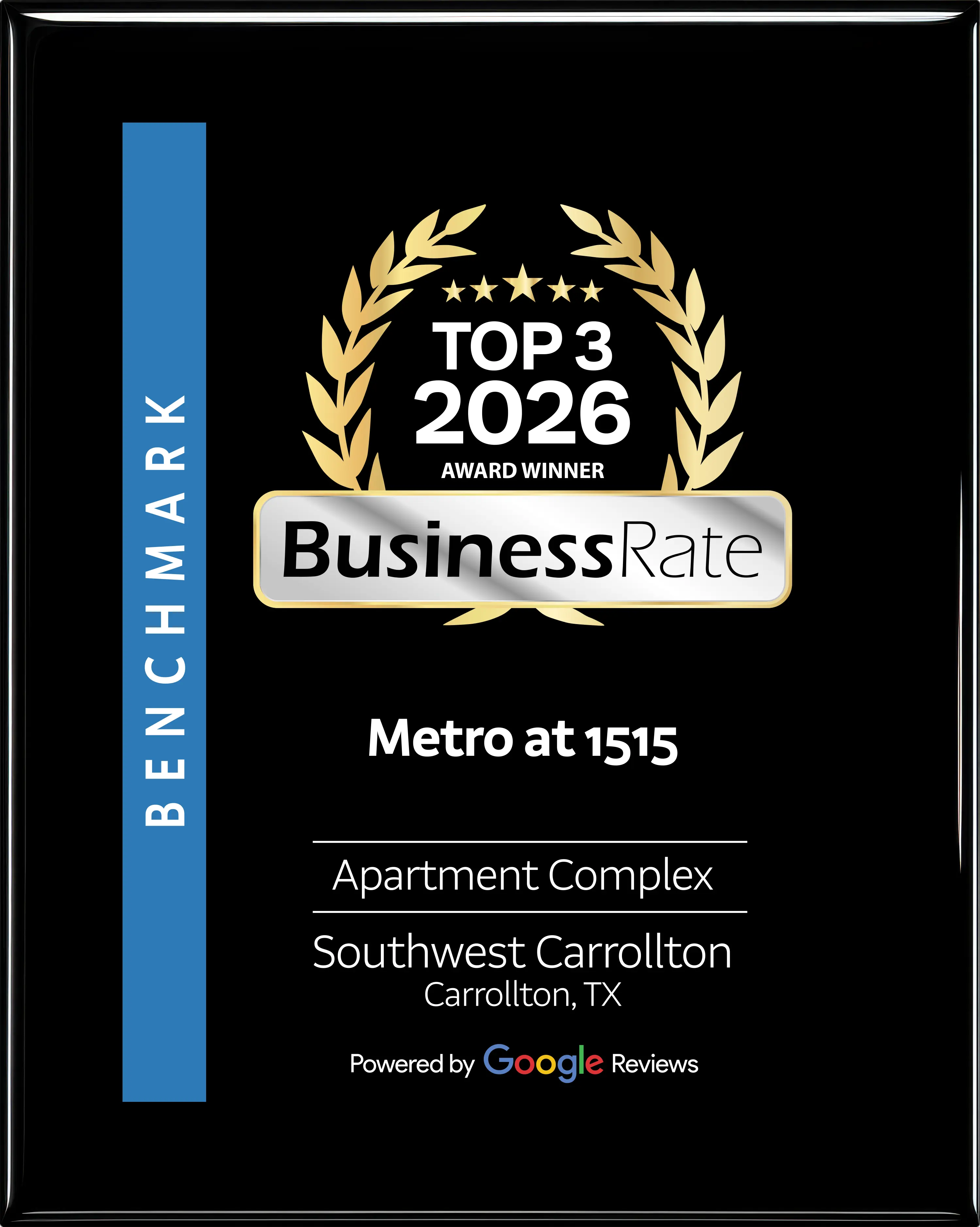Award plaque highlighting top 3 recognition for Metro at 1515, an apartment complex in Southwest Carrollton, TX for 2026 by BusinessRate.