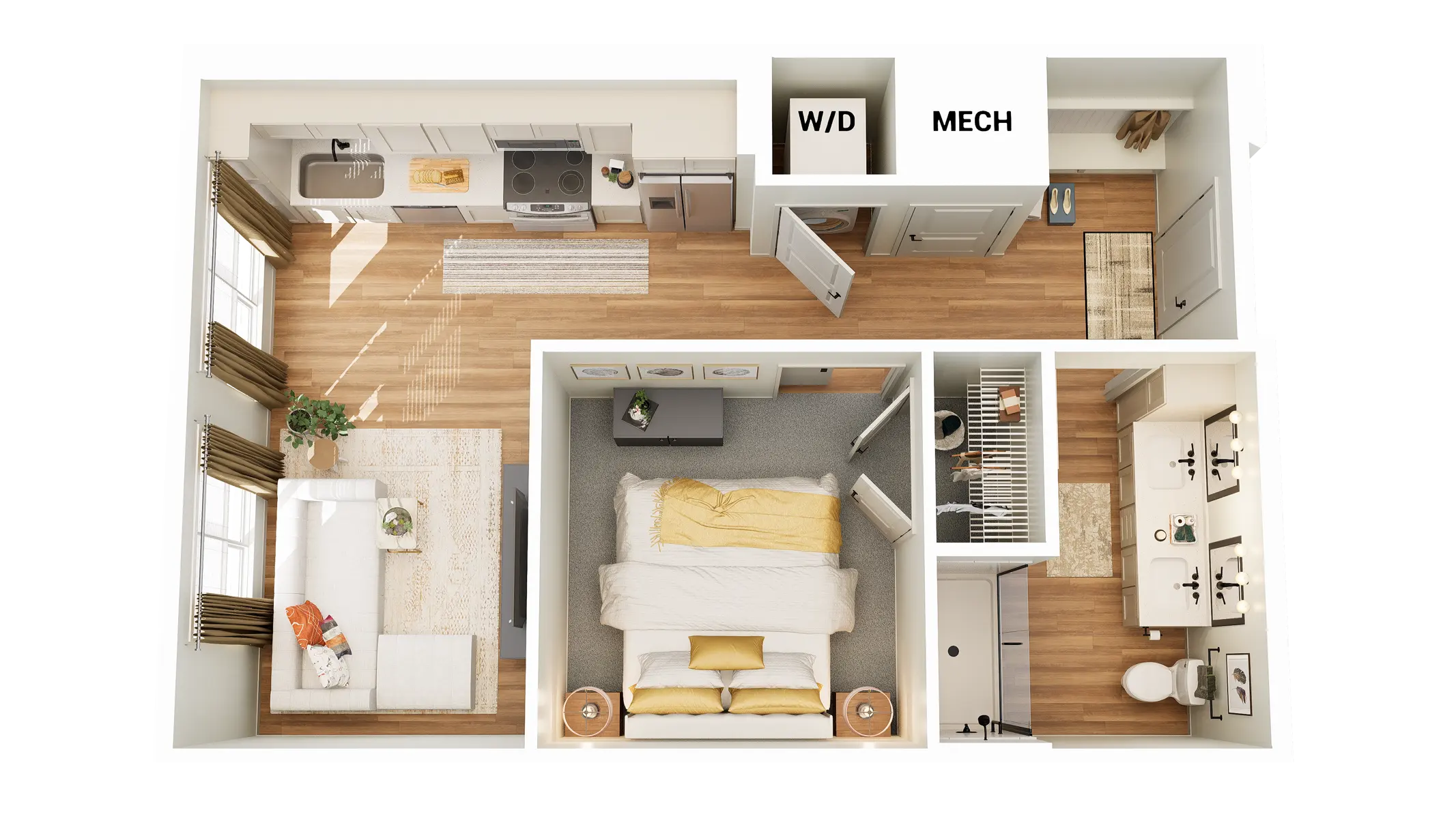 A top-down view of a one-bedroom apartment layout. It features a living area with a sofa, a kitchen with appliances, a bedroom with a bed and nightstands, a bathroom, and labeled areas for washer/dryer and mechanical space.