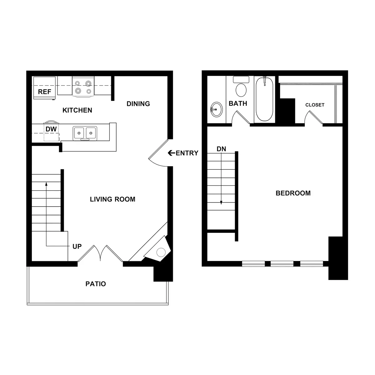 A black and white floor plan showing the layout of a house with two levels. The first floor features a kitchen, dining area, living room, and patio. The second floor includes a bedroom and a bathroom with a closet.