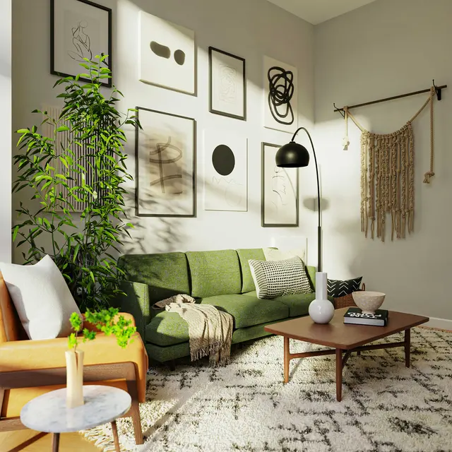 A modern living room featuring a green sofa, a brown armchair, and a coffee table, surrounded by plants and art on the walls.