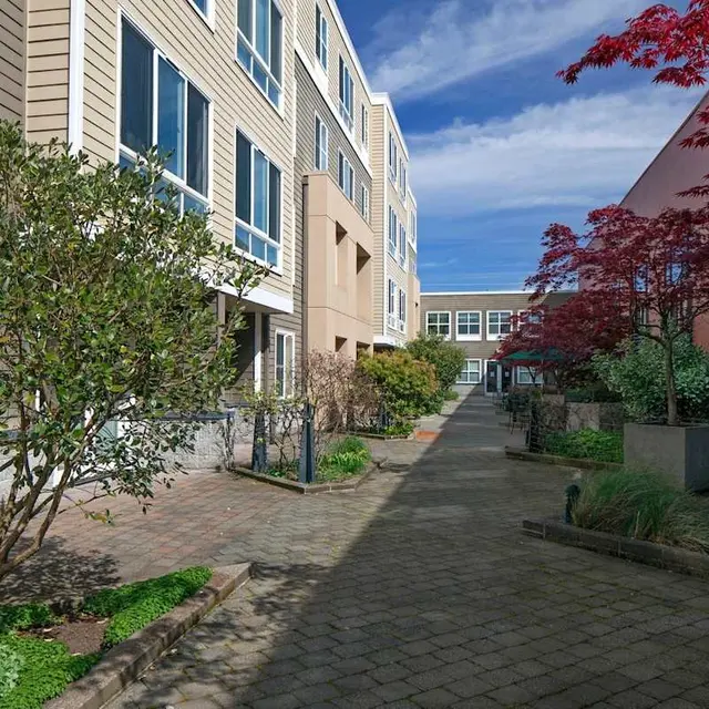 A peaceful courtyard with modern buildings and landscaped greenery, featuring shrubs and trees near a paved pathway.