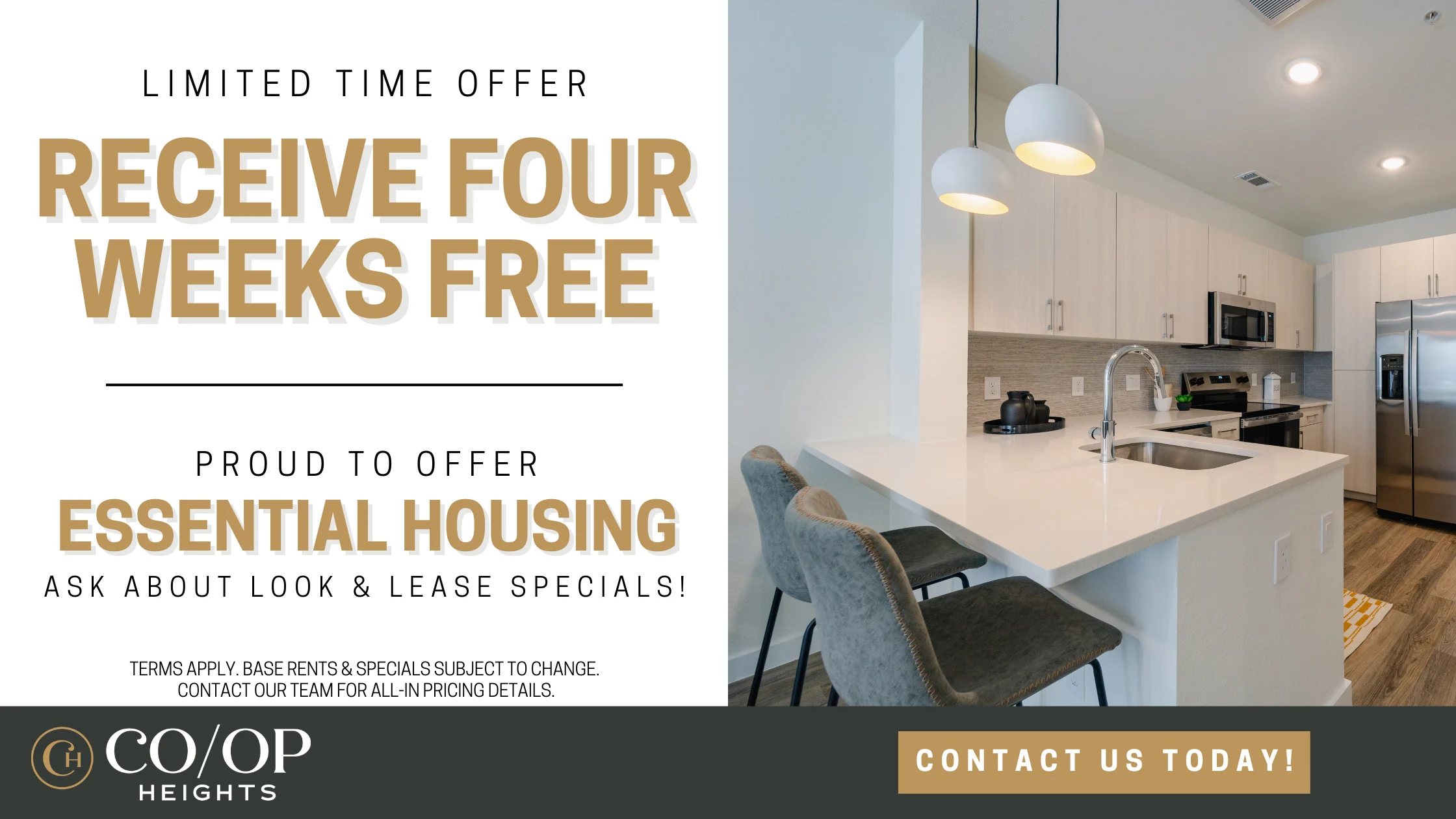 Promotional image for Co-Op Heights featuring a modern kitchen space with a limited time offer.