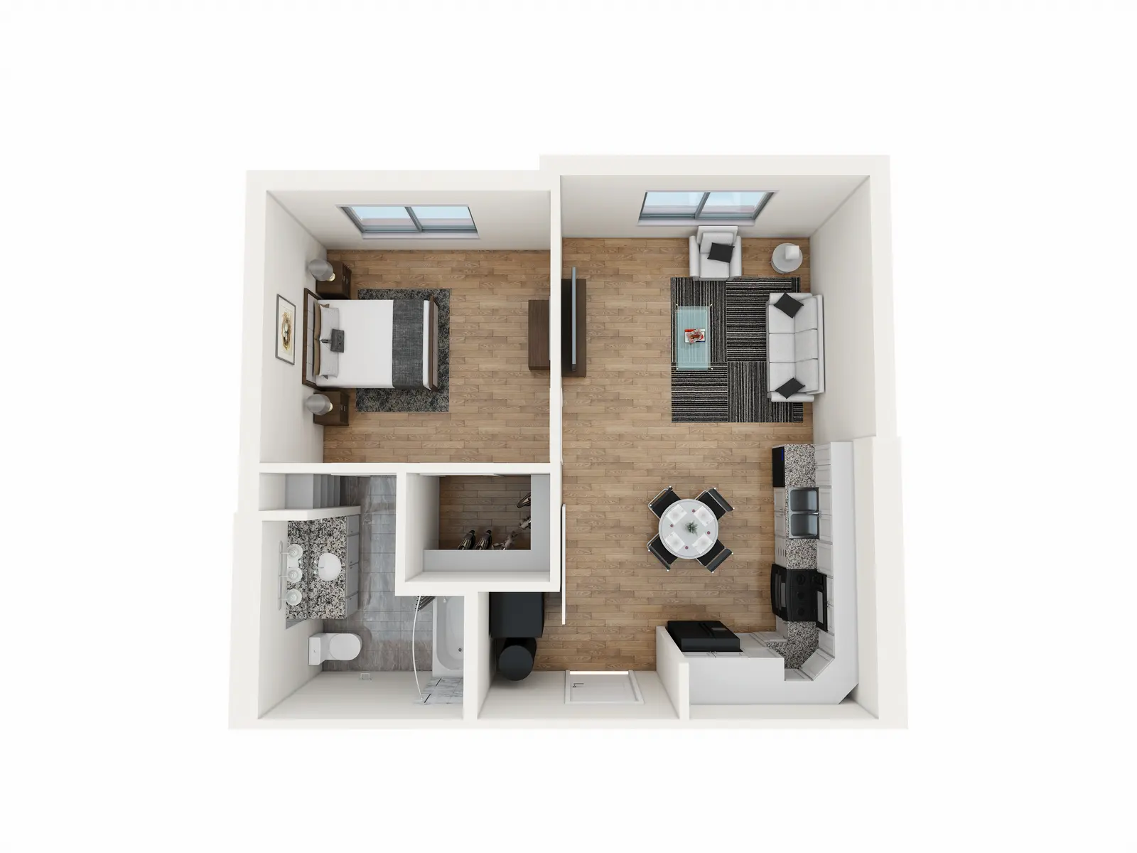 A top-down view of a small apartment layout featuring a bedroom, living area, and kitchen. The bedroom includes a bed and side tables, while the living area has a couch, chairs, and a coffee table. The kitchen is equipped with a dining table and appliances.