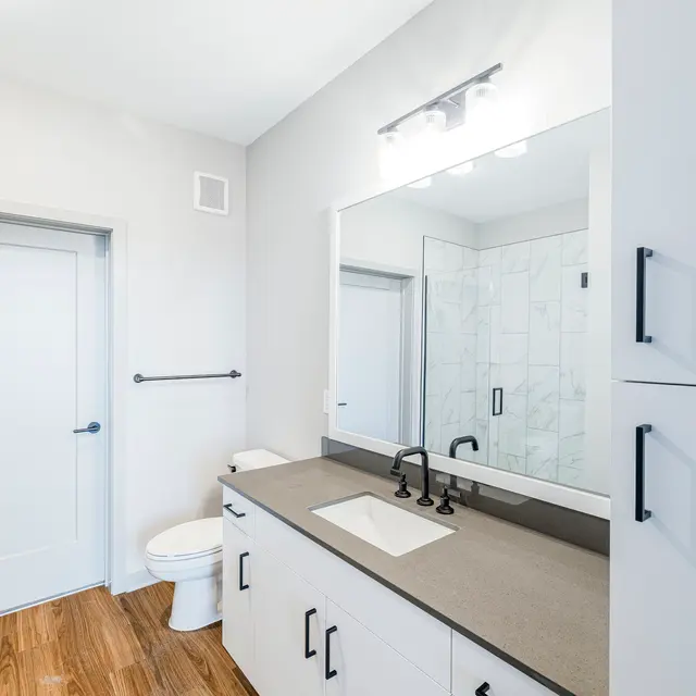 A modern bathroom featuring a large mirror above a sink, white cabinetry, a toilet, and wooden flooring. The walls are painted in light grey, with a glass shower visible in the background.