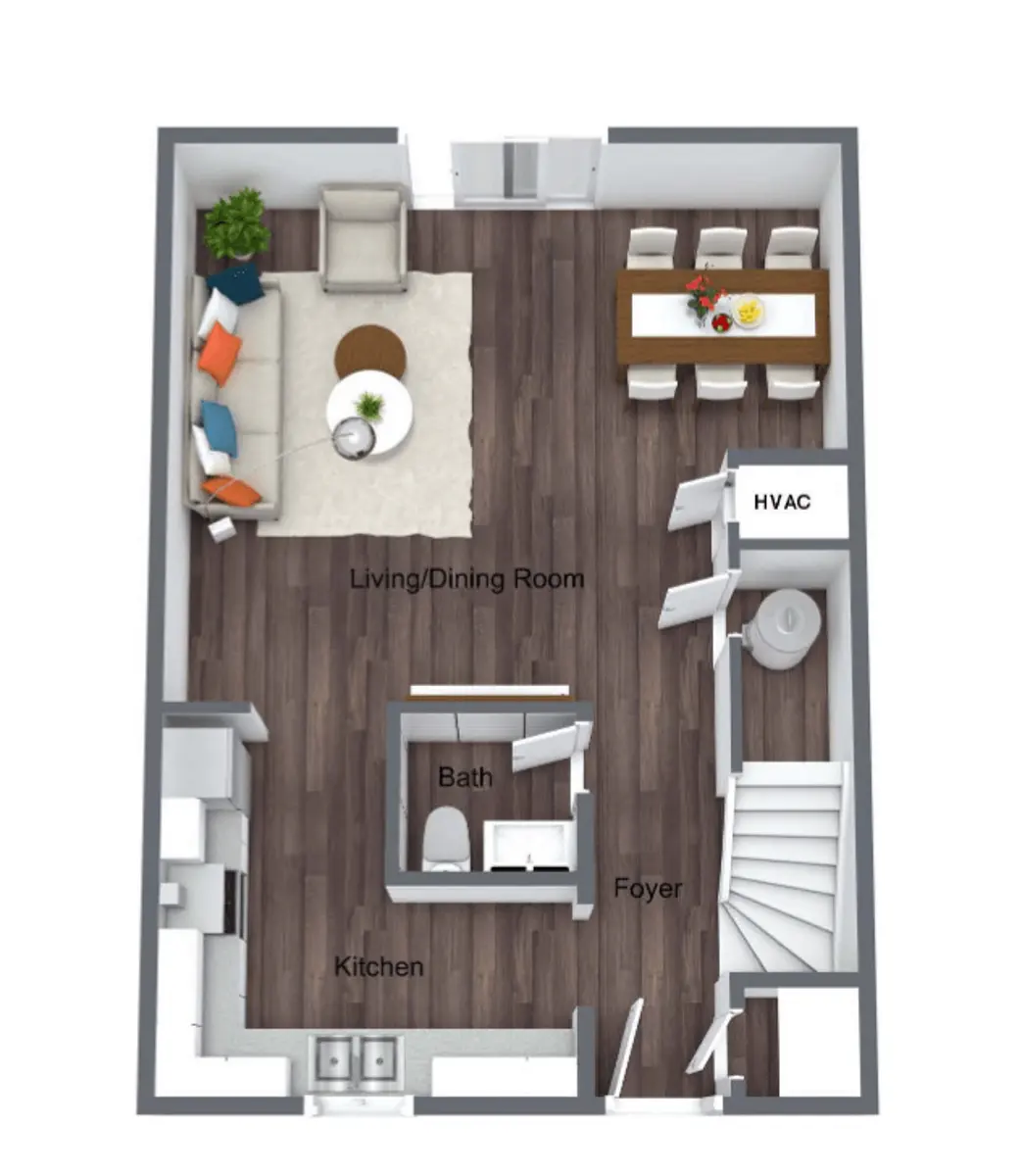 Small Apartment Floor Plan A top-down view of a small apartment layout featuring a living/dining room, kitchen, bath, foyer, and HVAC area.