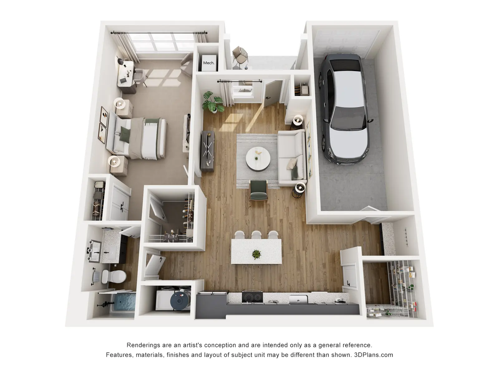 A 3D rendering of a compact apartment layout featuring a living room, kitchen, bathroom, bedroom, and space for a car. The living area includes a sofa, coffee table, and dining space. The kitchen features modern appliances. The bedroom has a bed and side table.