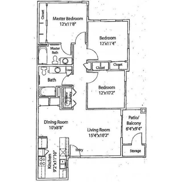 A floor plan of an apartment showing different rooms and their dimensions.
