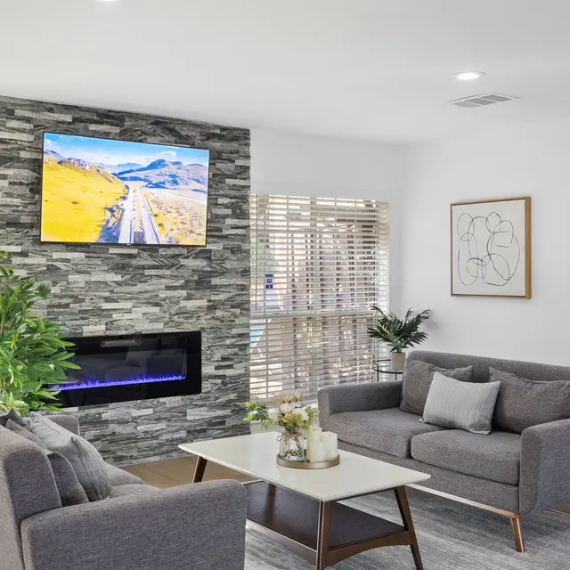 A modern living room featuring a stone accent wall with a mounted television displaying a scenic landscape. There are two grey sofas facing a coffee table, with decorative plants and wall art in a bright, airy space.