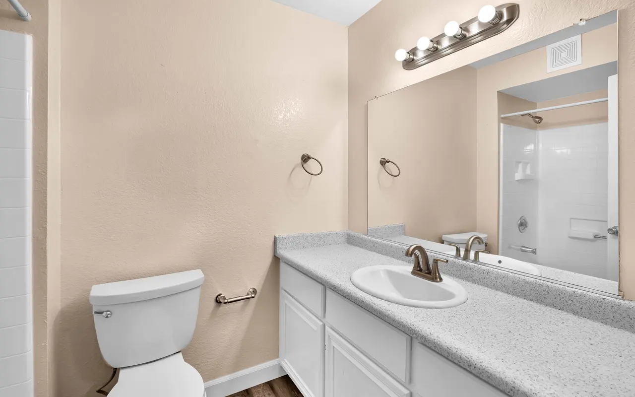 A well-lit bathroom featuring a white toilet, a gray countertop with a sink and faucet, a large mirror, and a shower area partially visible on the left side.