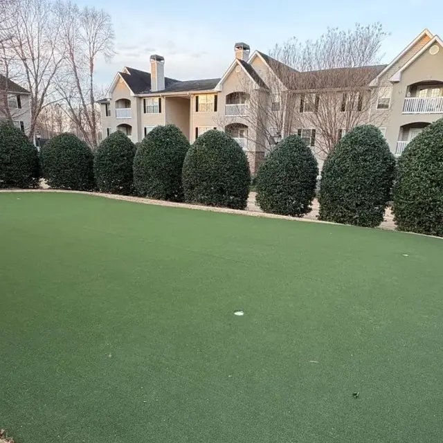 A well-maintained putting green surrounded by shrubs and residential buildings in the background.