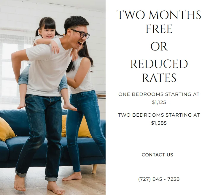 A family enjoying their time together in a modern living room, with a child sitting on the father's shoulders. The living room is bright with a couch and decor in the background. On the right side, there's a promotional text about apartment rental offers.