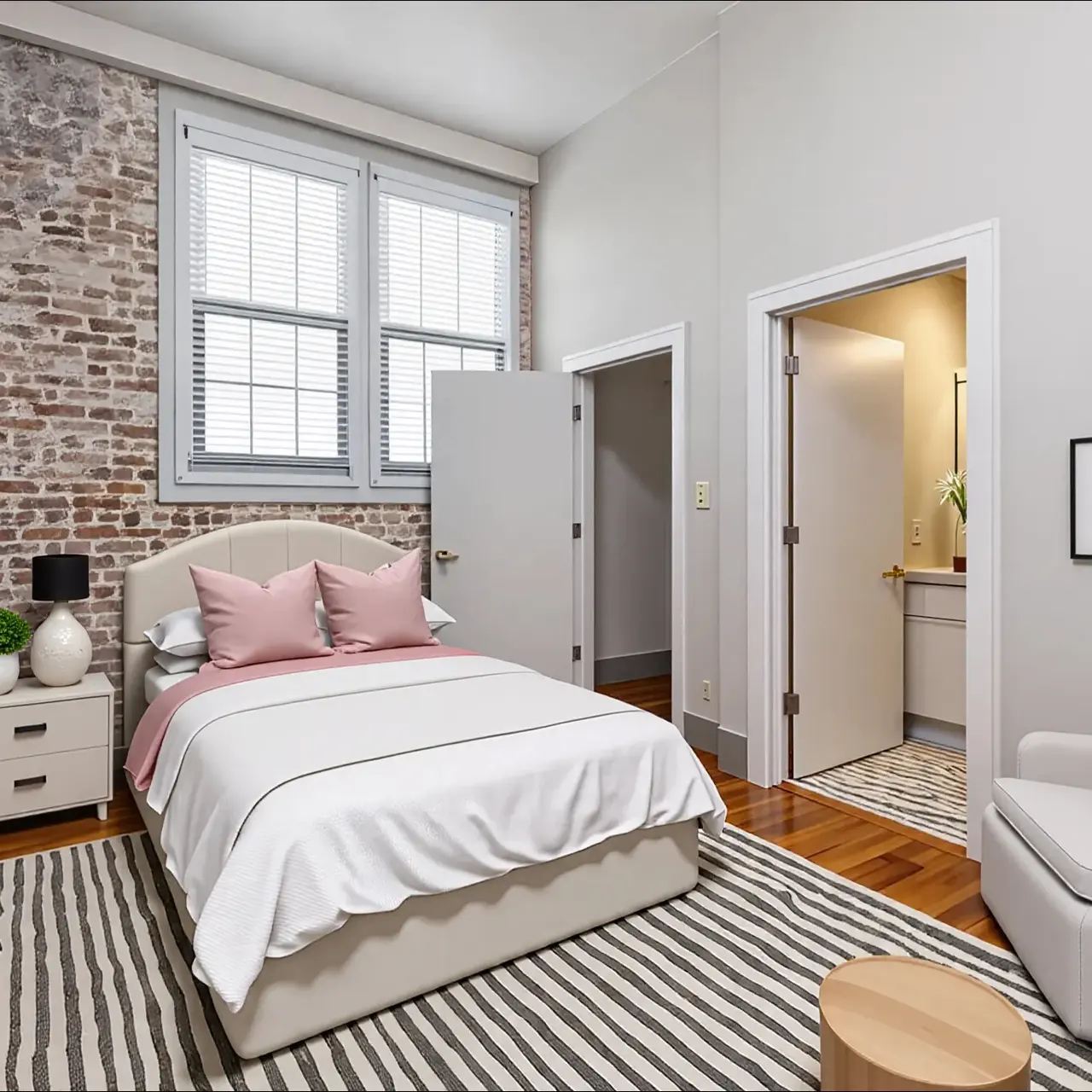 A cozy bedroom featuring a bed with pink pillows, a bedside table with a plant, and large windows. The walls are a mix of exposed brick and painted surfaces, with a striped rug on wooden flooring and two framed artworks hanging on the wall.