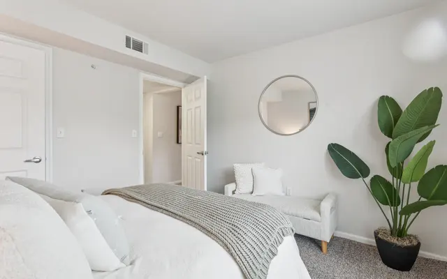 Cozy modern bedroom with a large bed, a circular mirror, a plant, and a chair, featuring light colors and soft textures.
