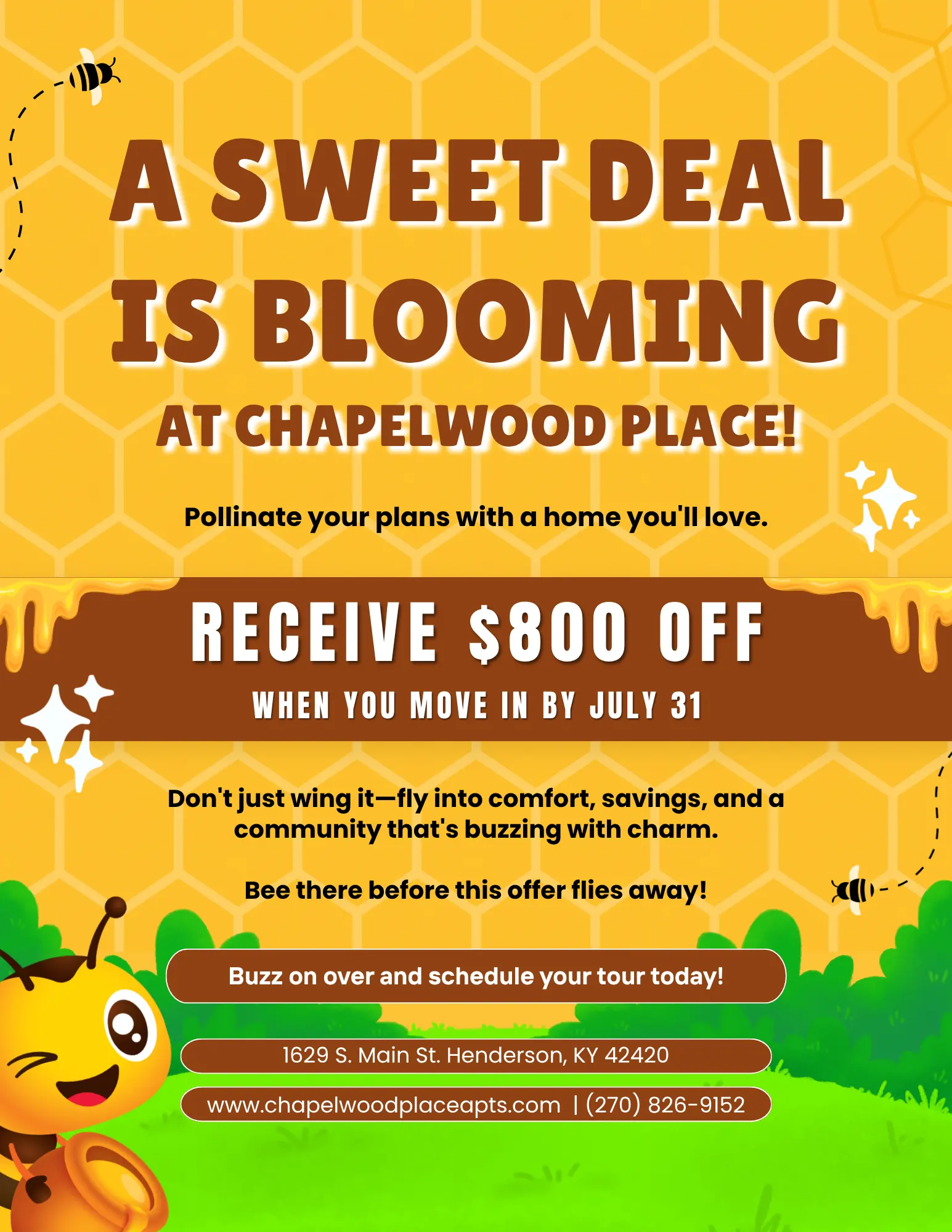 Promotional flyer for Chapelwood Place offering $800 off rent for new residents moving in by July 31.