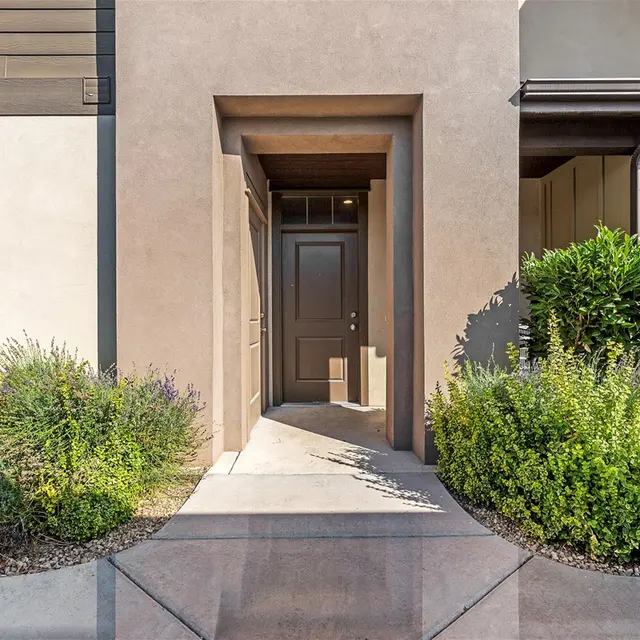 Entrance to a modern home featuring a gray door and landscaped greenery.