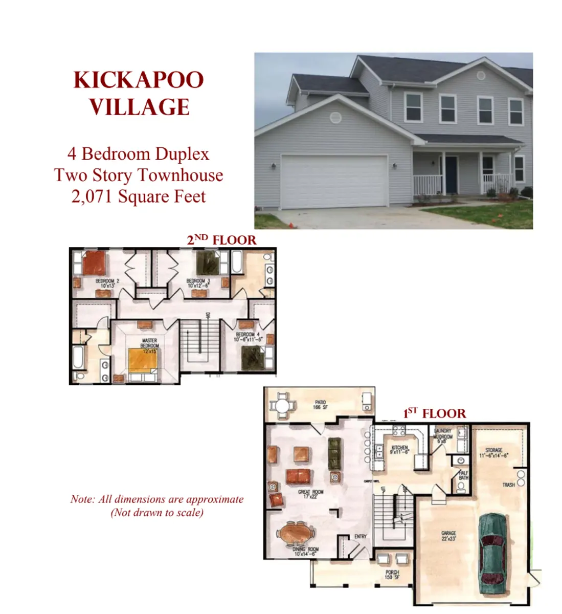 Architectural layout of a duplex townhouse with the title 'Kickapoo Village.' Features two floors: the first with living areas and the second with bedrooms. Includes a color photograph of the exterior of the townhouse.